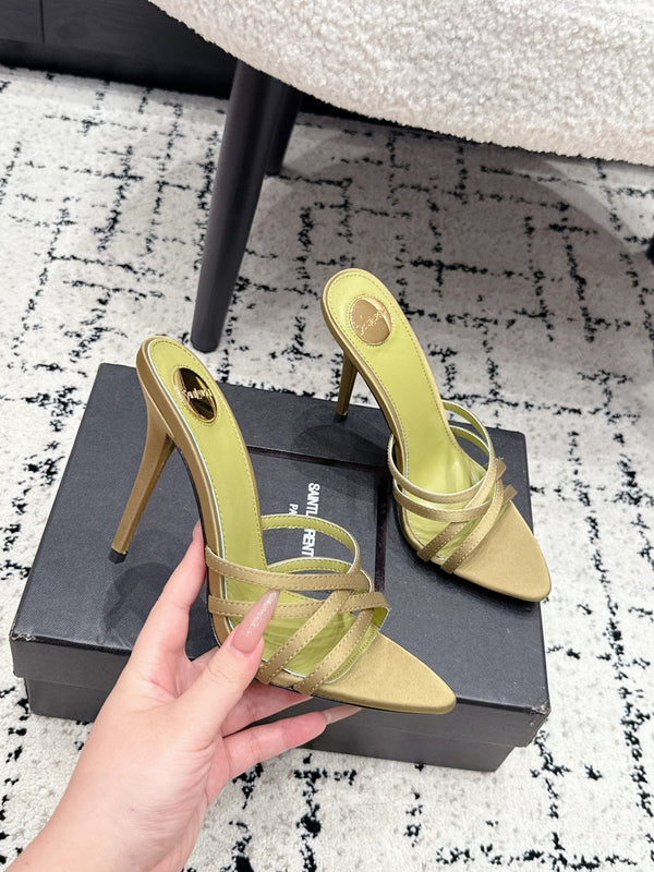 YSL Kirat Cross-Strap Stiletto Mules 10.5cm Light Olive Cowhide Leather 847147