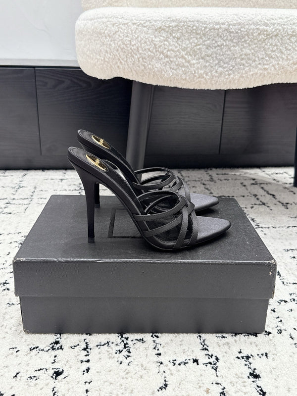 YSL Kirat Cross-Strap Stiletto Mules 10.5cm Black Cowhide Leather 847146