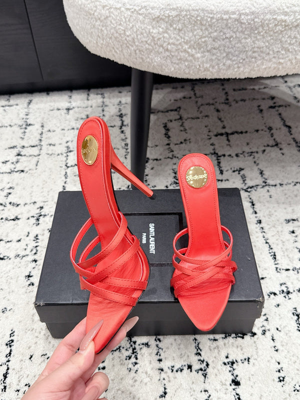 YSL Kirat Cross-Strap Stiletto Mules 10.5cm Red Cowhide Leather 847145