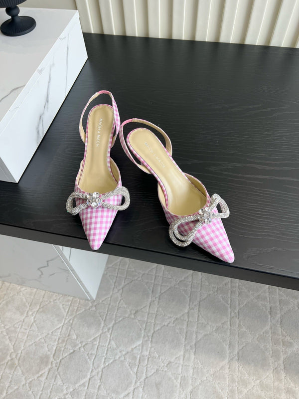 Mach Gingham Bow Slingback Pumps Pink White Fabric 851906