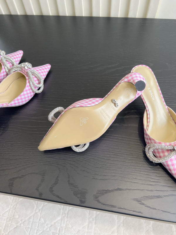 Mach Gingham Bow Slingback Pumps Pink White Fabric 851906