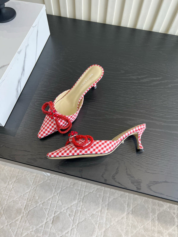 Mach Gingham Bow Slingback Pumps Red White Fabric 851905