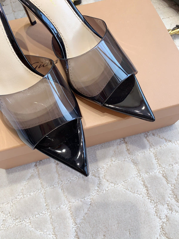 GR Pointed-Toe Mule Sandals 8.5cm Black Patent Cowhide & PVC 854878