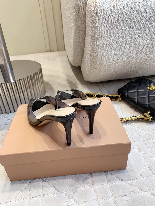 GR Pointed-Toe Mule Sandals 8.5cm Black Patent Cowhide & PVC 854878