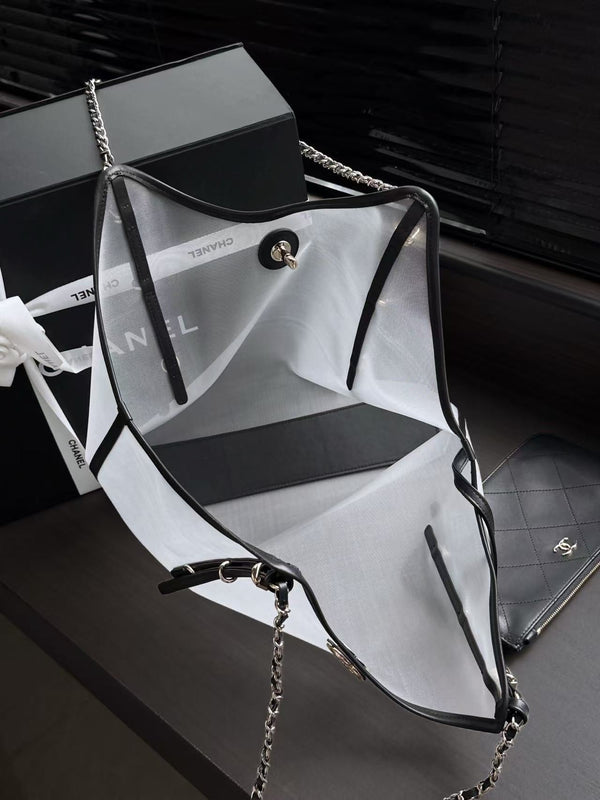 CC 26C Coco Beach Shopping Bag Transparent Mesh & Black Calfskin