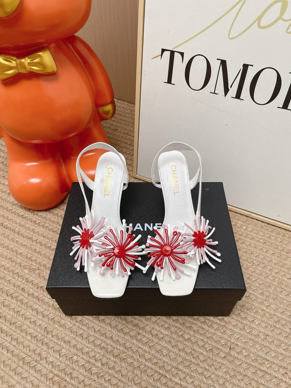 CC Floral Square-Toe Slingback Pumps White Patent Lambskin 854578