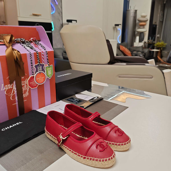 CC Espadrilles Red Lambskin Leather Jute Sole 855753