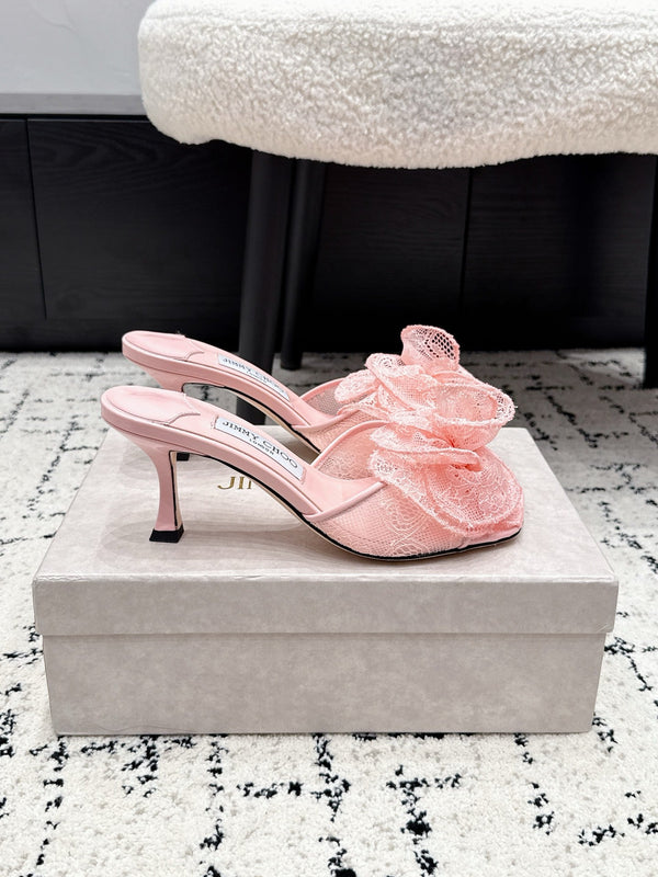 JC 26SS Floral Appliqué Mules 6.5cm Pink Lace 858428