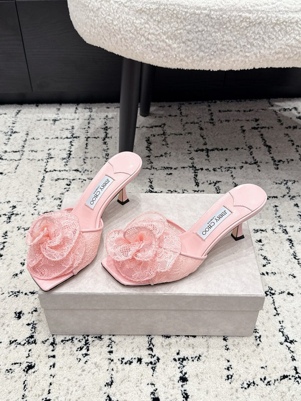 JC 26SS Floral Appliqué Mules 6.5cm Pink Lace 858428