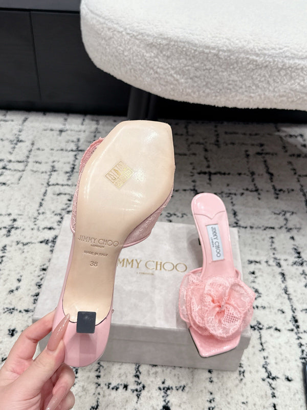 JC 26SS Floral Appliqué Mules 6.5cm Pink Lace 858428