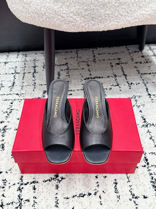 FG 26SS Logo Peep Toe Mules 5.5cm Black Lambskin 858414