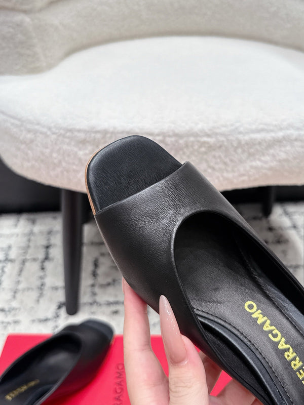 FG 26SS Logo Peep Toe Mules 5.5cm Black Lambskin 858414