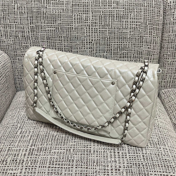 CC Classic Flap Bag 46.5cm Pearl White Caviar Calfskin Leather SHW