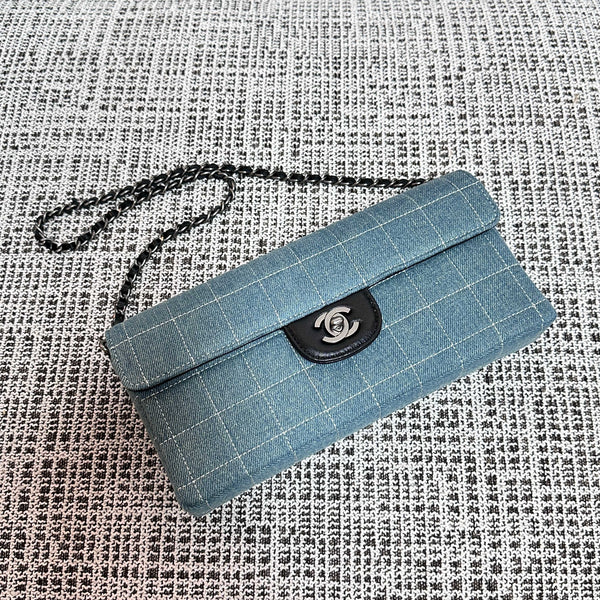 CC East-West Flap Bag 26cm Blue Plaid Denim