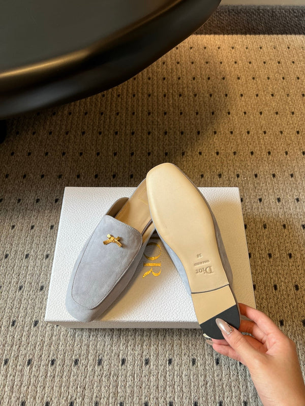 CD Baby Bow Mules Gold Bow Light Grey Suede 858669