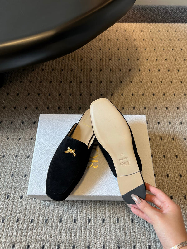 CD Baby Bow Mules Gold Bow Black Suede 858667