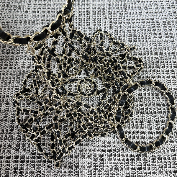 CC 21PF Chain Link Net Bag Drawstring Black Tweed Lambskin & Chain