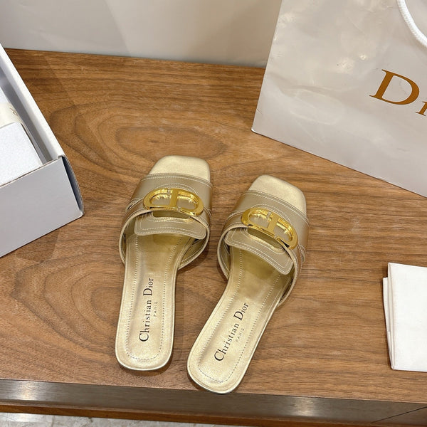 CD Montaigne Slides Buckle Gold Metallic Calfskin Leather 862372