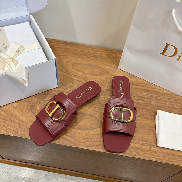 CD Montaigne Slides Buckle Burgundy Calfskin Leather 862371