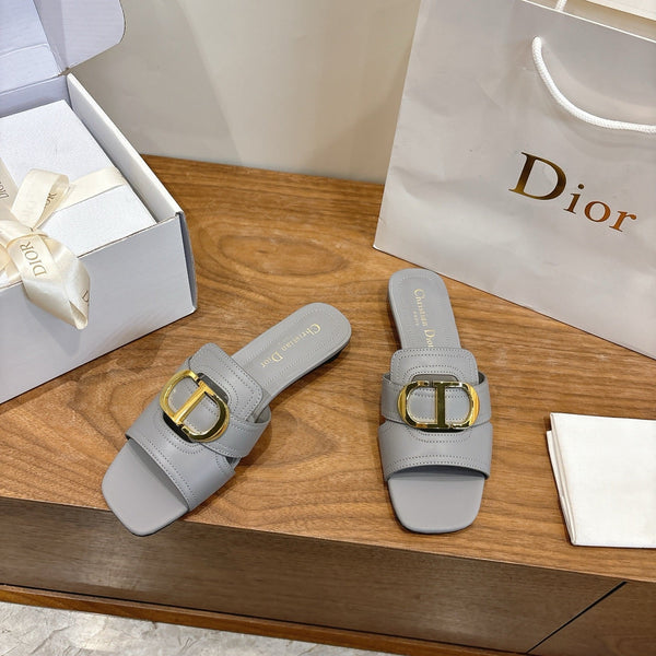 CD Montaigne Slides Buckle Grey Calfskin Leather 862366