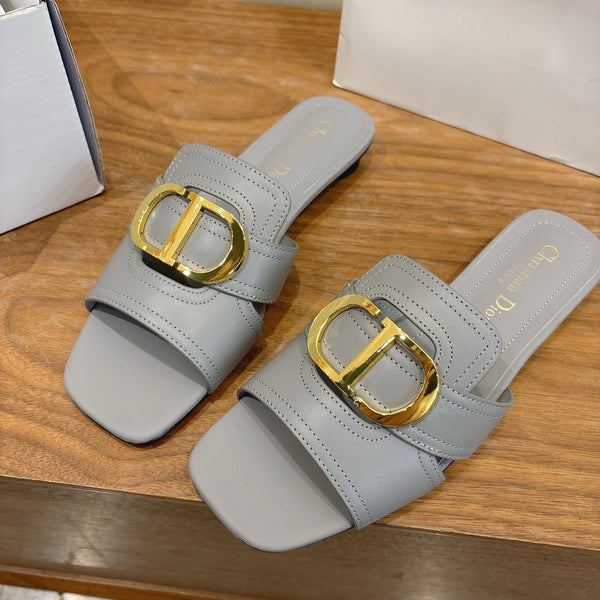 CD Montaigne Slides Buckle Grey Calfskin Leather 862366
