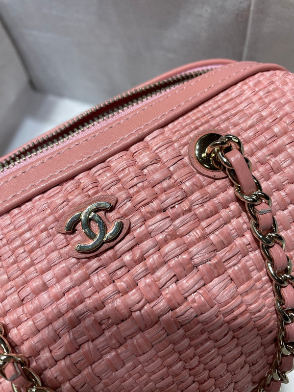 CC Bowling Bag Chain Strap 18.5cm Pink Braided Raffia & Lambskin 292139