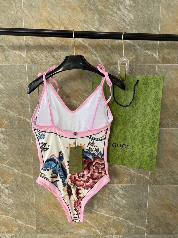GG Floral & Bird Print Swimsuit and Sarong Set Cream Pink 330761