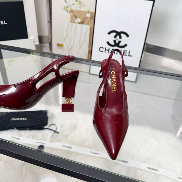 CC Pointed Toe Slingback Pumps 9cm Burgundy Patent Cowhide 872874