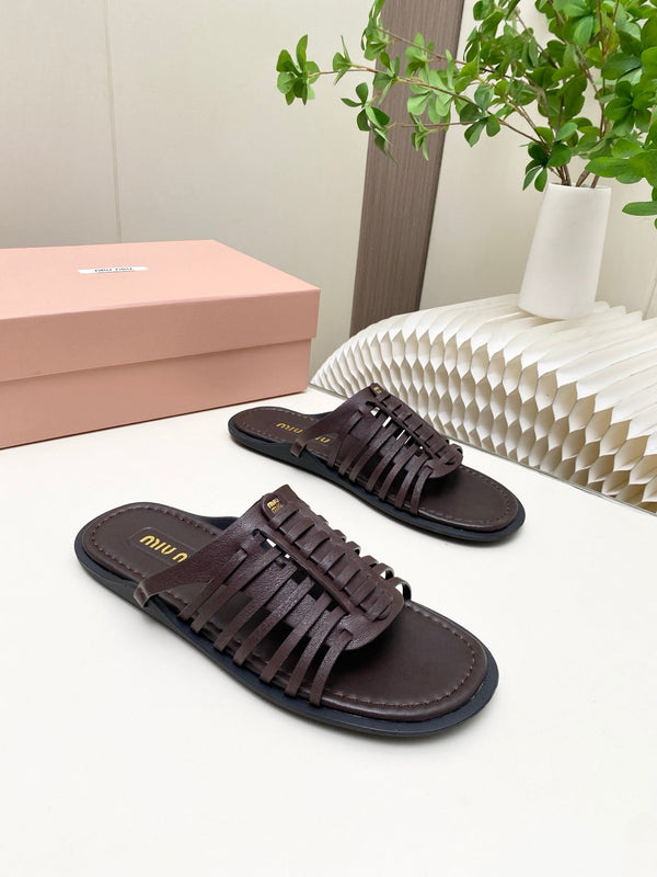 Miu Briarwood Slides Chocolate Cowhide Leather 881414