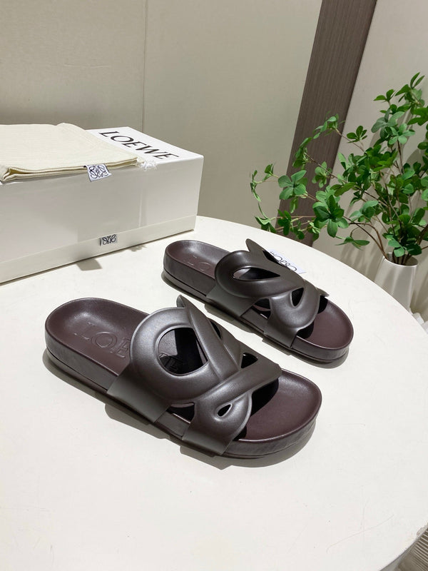 Loew Ease Monogram Slides Chocolate Lambskin Leather 881377