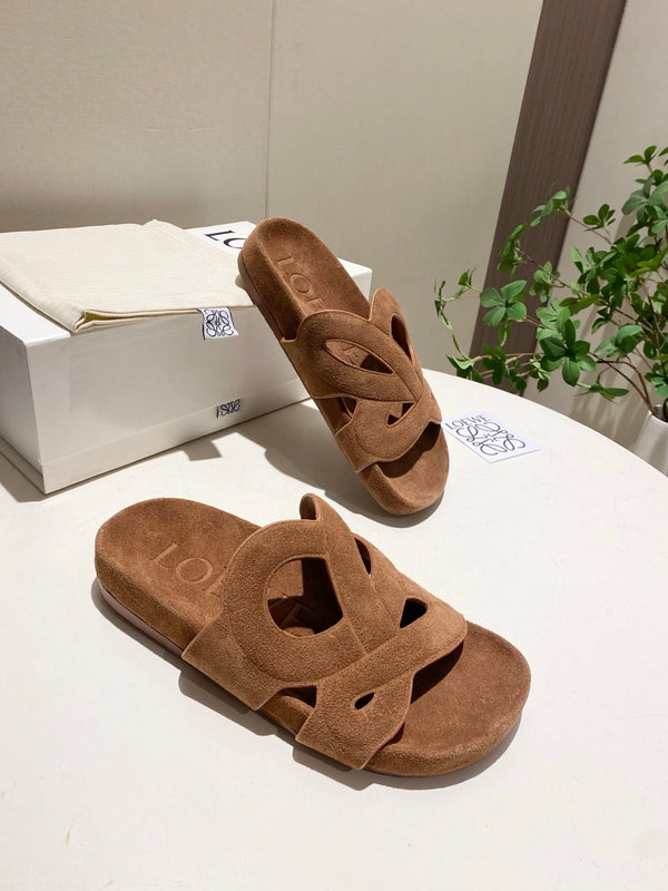 Loew Ease Monogram Slides Brown Suede Leather 881376