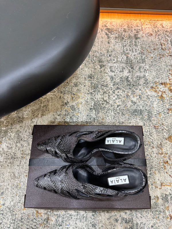 Alaia Snake Print Slingback Pumps 9.5cm Black Grey Cowhide 881561