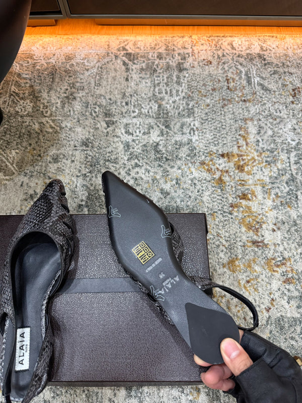 Alaia Snake Print Cutout Slingback Flats Black Grey Cowhide Leather 881556