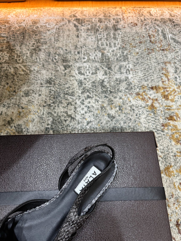 Alaia Snake Print Cutout Slingback Flats Black Grey Cowhide Leather 881556