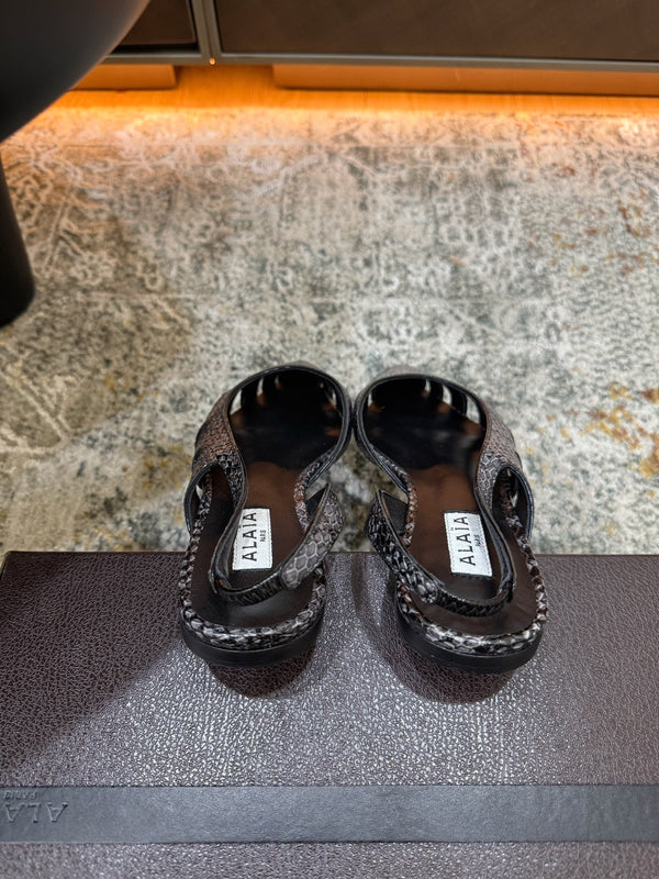 Alaia Snake Print Cutout Slingback Flats Black Grey Cowhide Leather 881556