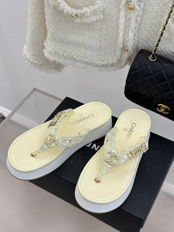 CC Crystal Logo Platform Thong Sandals Light Yellow Tweed 887785
