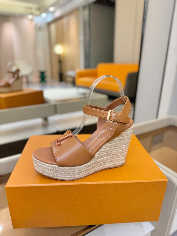 LV Platform Espadrille Wedge Sandals Tan Brown Cowhide Leather 888648