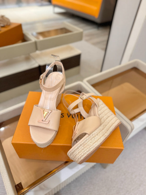 LV Platform Espadrille Wedge Sandals Beige Cowhide Leather 888649