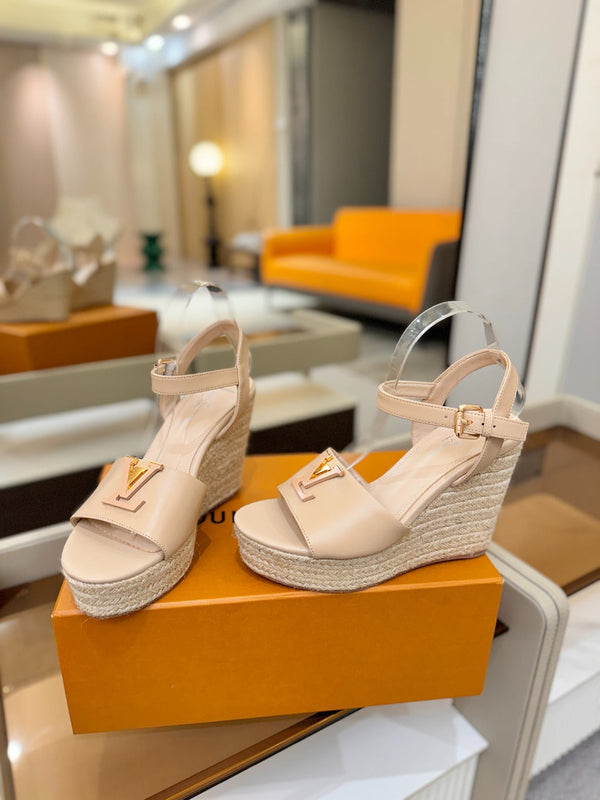 LV Platform Espadrille Wedge Sandals Beige Cowhide Leather 888649