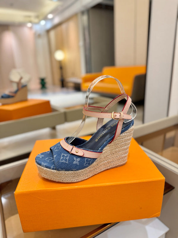 LV Helios Wedge Sandals Blue Monogram Denim & Leather 888642