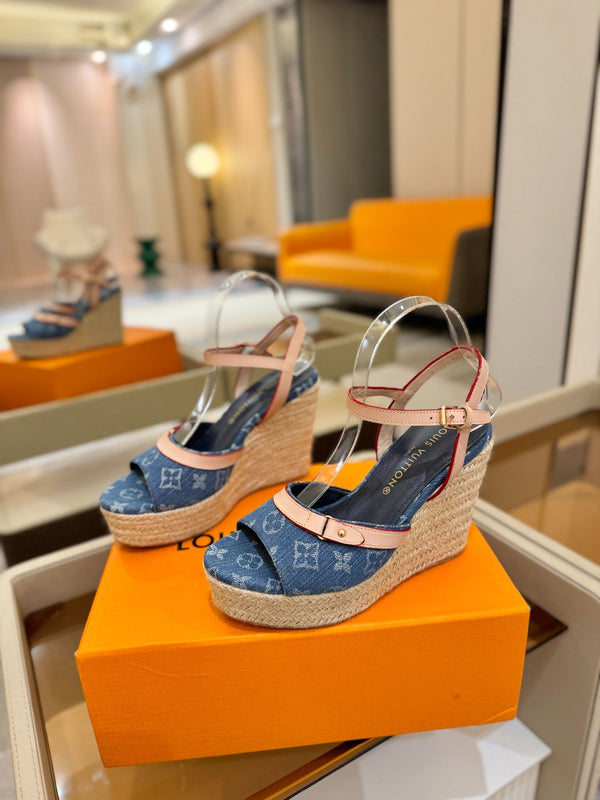LV Helios Wedge Sandals Blue Monogram Denim & Leather 888642