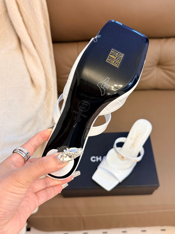 CC 26A Camellia Double C Square Toe Mules 10cm White Stone-Grain Cowhide 888703