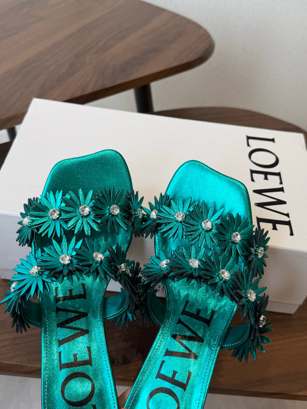 Loew Paula's Ibiza Petal Flower Sandals Metallic Turquoise Leather 889901