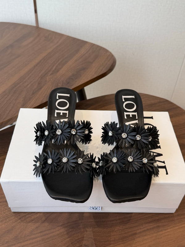 Loew Paula's Ibiza Petal Flower Sandals Black Leather 889899