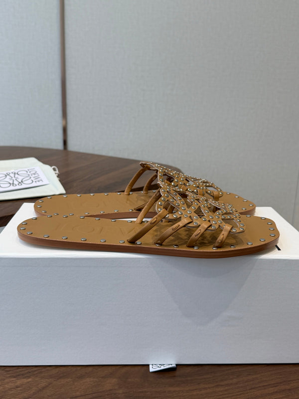 Loew Studded Square Toe Flat Slides Camel Leather 889889