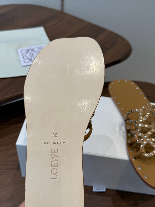 Loew Studded Square Toe Flat Slides Camel Leather 889889