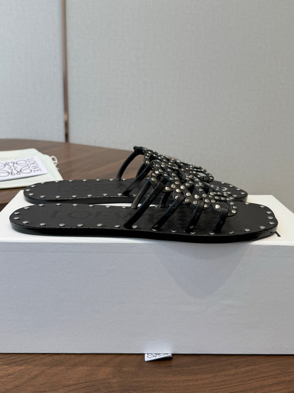 Loew Studded Square Toe Flat Slides Black Leather 889888