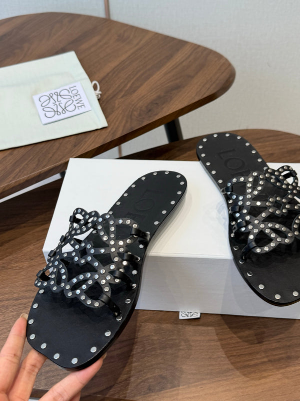 Loew Studded Square Toe Flat Slides Black Leather 889888