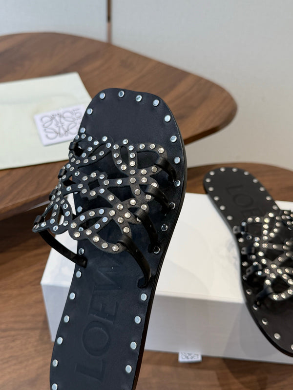 Loew Studded Square Toe Flat Slides Black Leather 889888