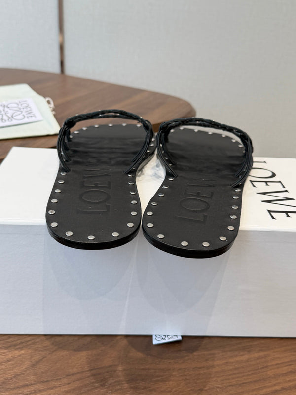 Loew Studded Square Toe Flat Slides Black Leather 889888